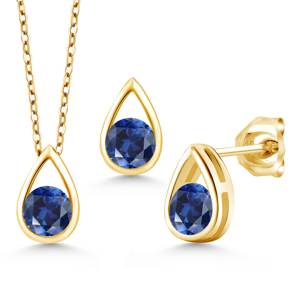 Blue Created Sapphire - September_Pendant Earrings Set in 925 Yellow Gold Plated Silver