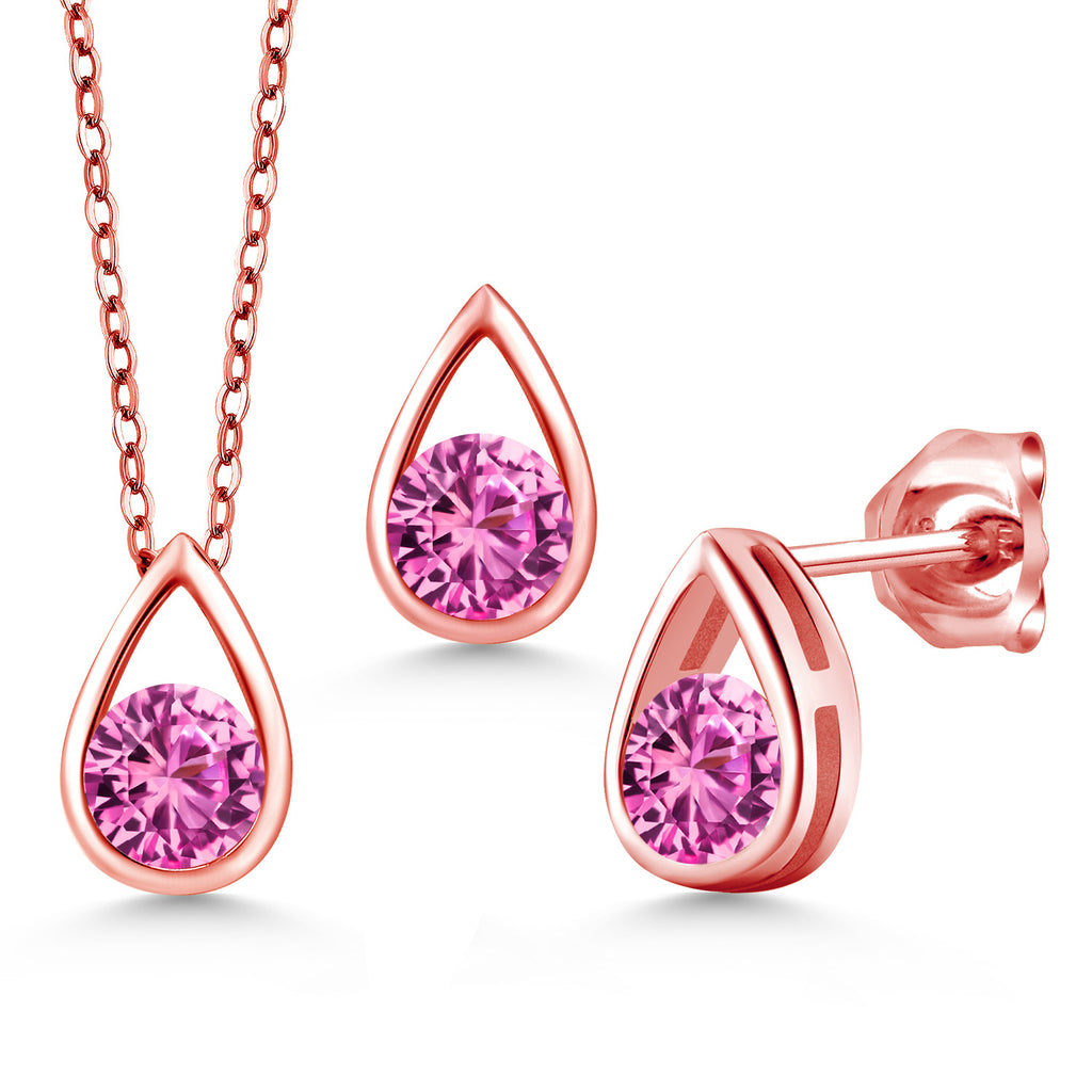 Pink Created Sapphire - September_Pendant Earrings Set in 925 Rose Gold Plated Silver