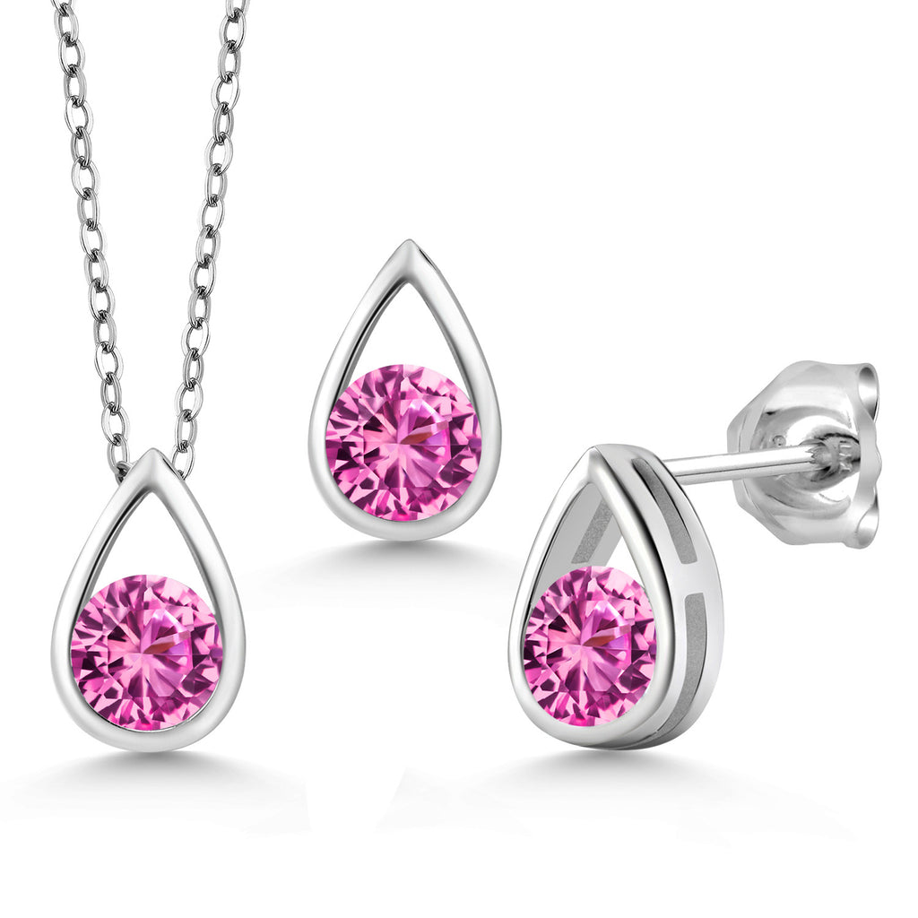 Pink Created Sapphire - September_Pendant Earrings Set in 925 Sterling Silver