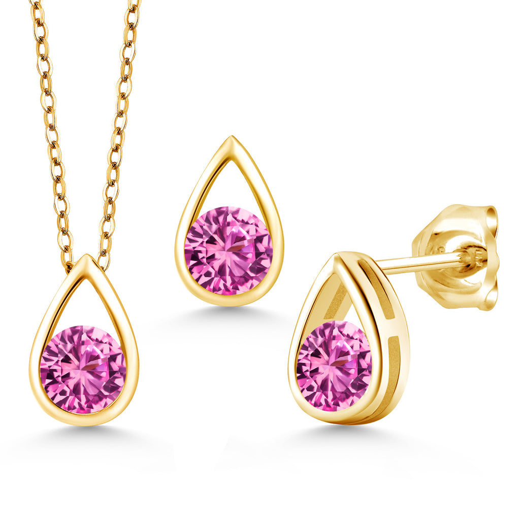 Pink Created Sapphire - September_Pendant Earrings Set in 925 Yellow Gold Plated Silver