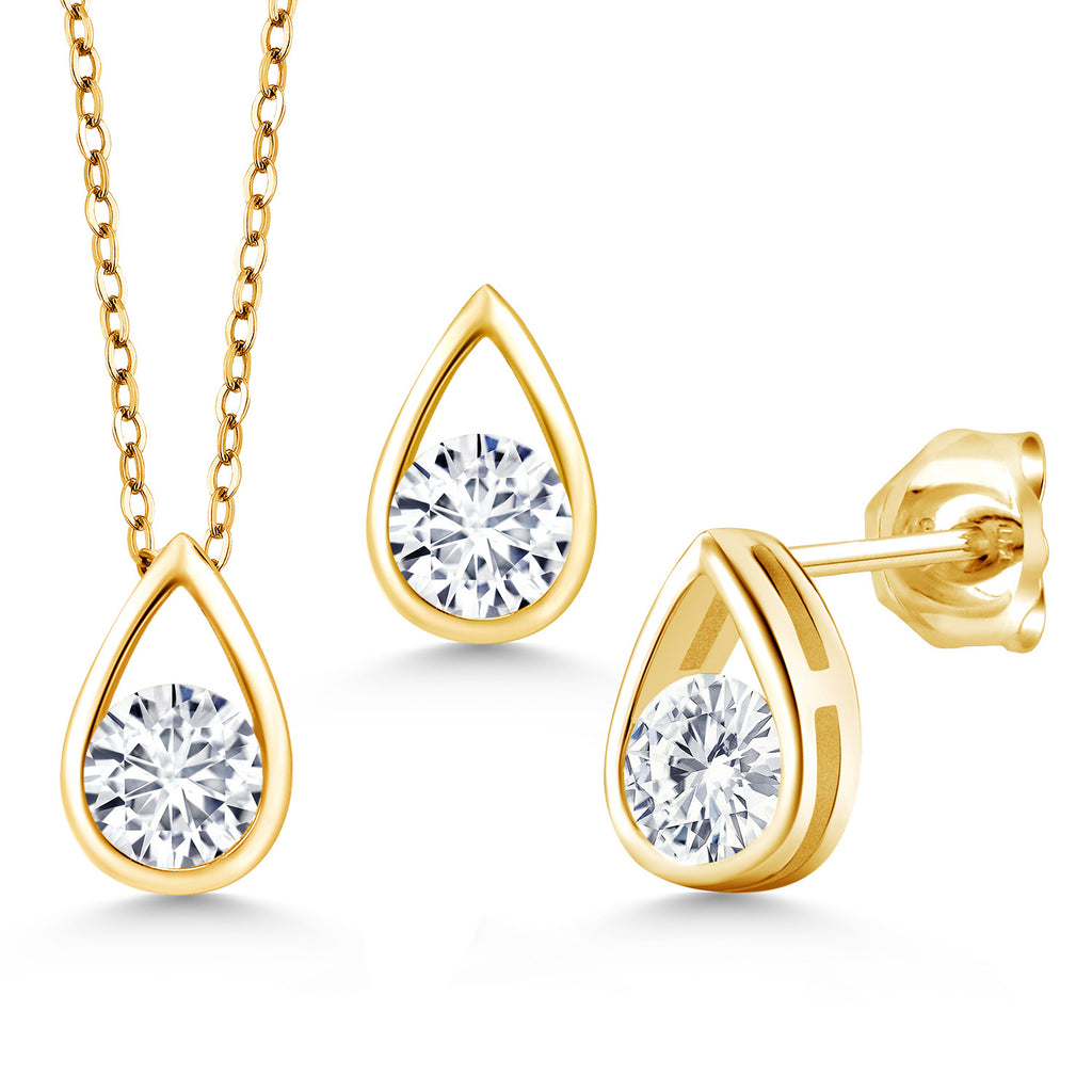 White Lab Grown Diamond - April_Pendant Earrings Set in 925 Yellow Gold Plated Silver