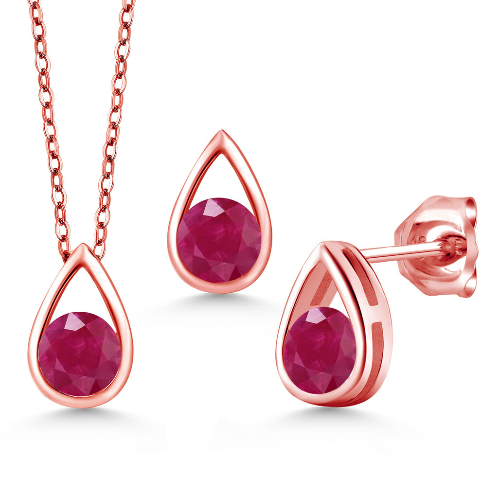 Ruby - July_Pendant Earrings Set in 925 Rose Gold Plated Silver
