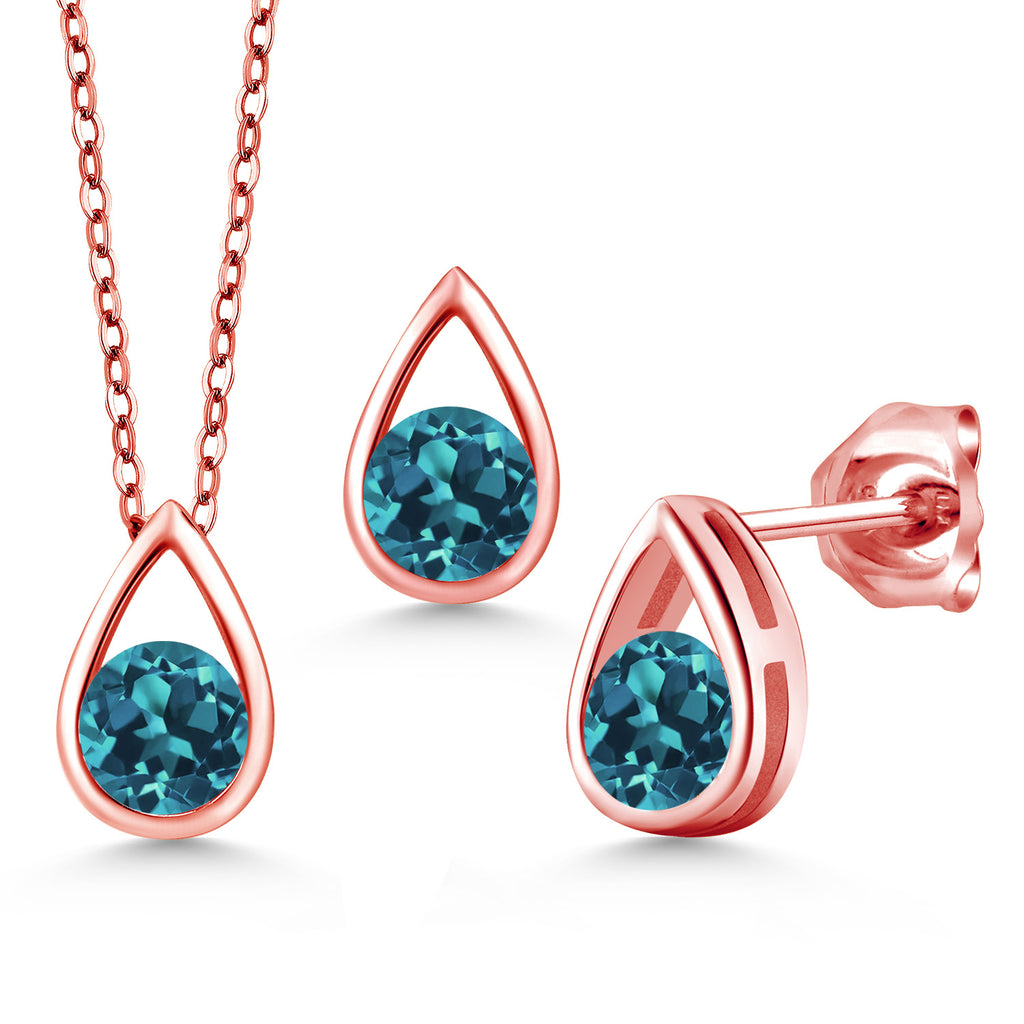London Blue Topaz - November_Pendant Earrings Set in 925 Rose Gold Plated Silver