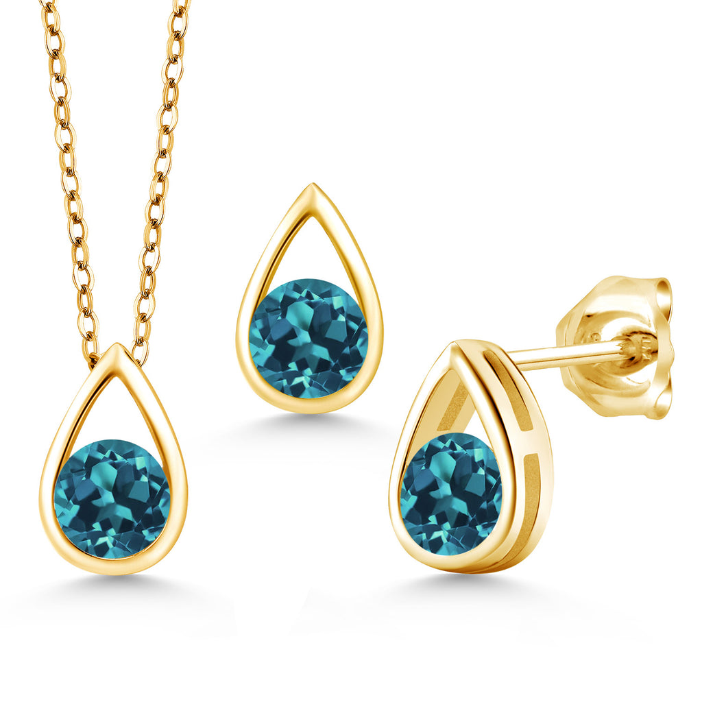 London Blue Topaz - November_Pendant Earrings Set in 925 Yellow Gold Plated Silver