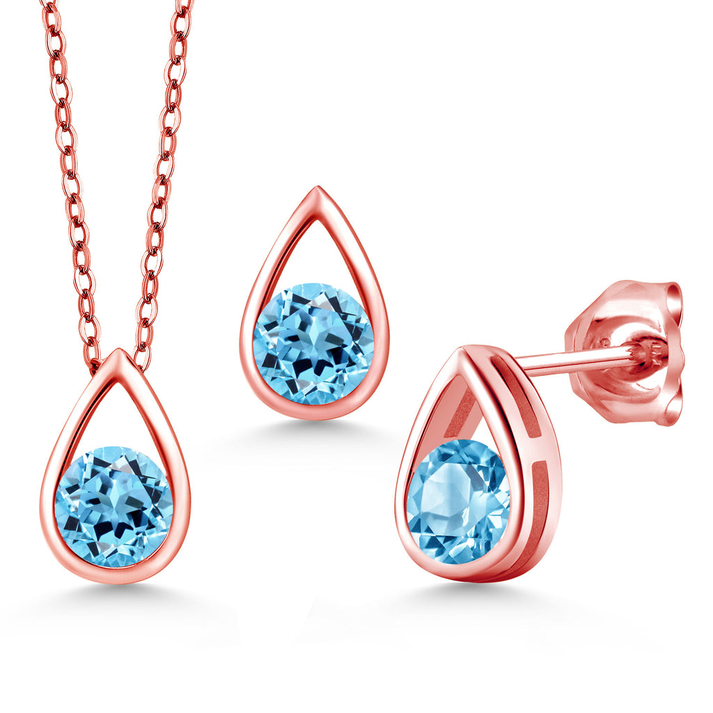 Swiss Blue Topaz - November_Pendant Earrings Set in 925 Rose Gold Plated Silver