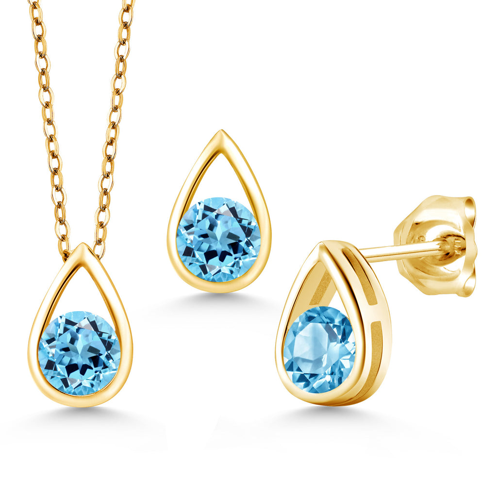 Swiss Blue Topaz - November_Pendant Earrings Set in 925 Yellow Gold Plated Silver