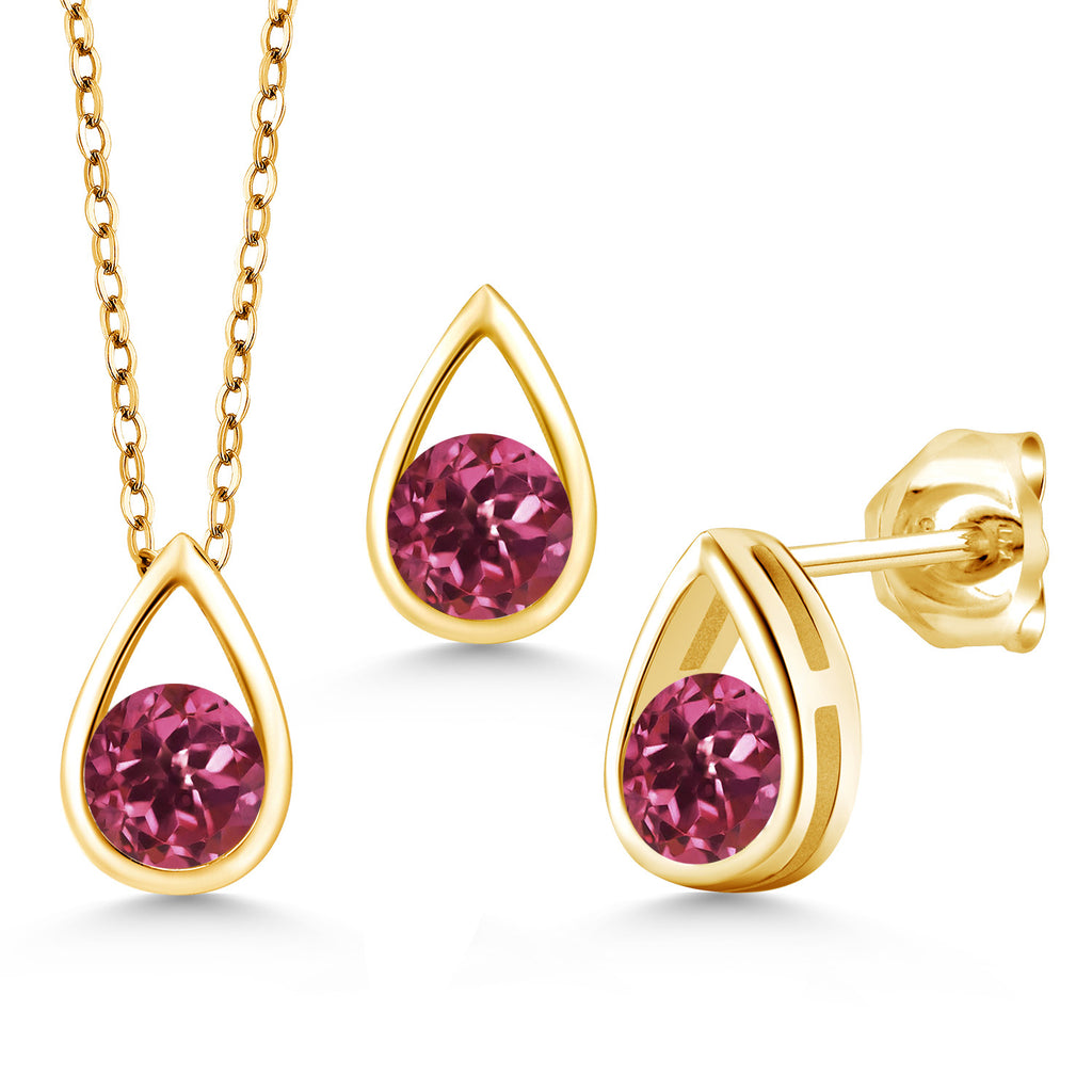 Pink Tourmaline - October_Pendant Earrings Set in 925 Yellow Gold Plated Silver