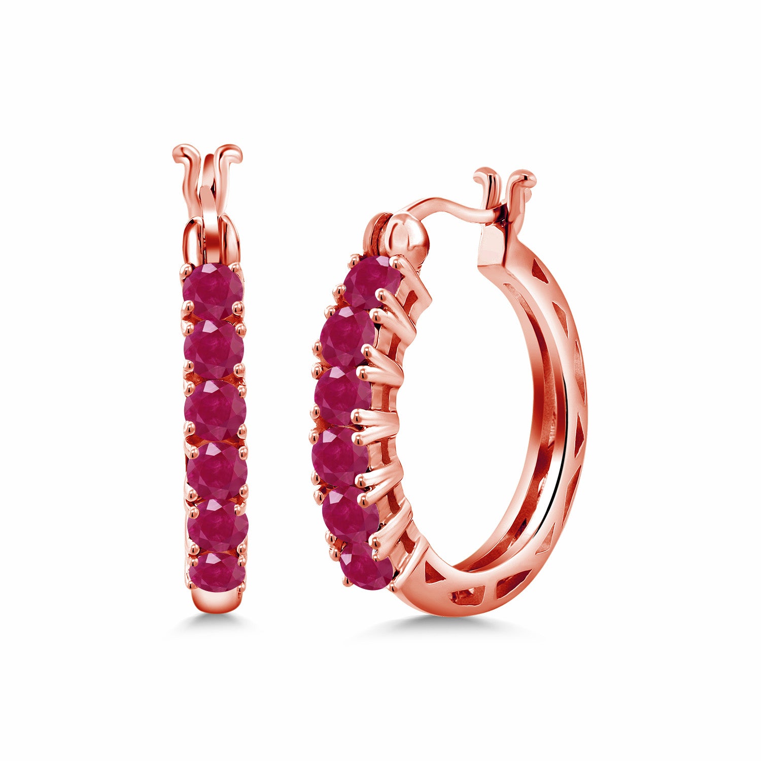 18K Rose Gold Plated Silver Women Hoop Earrings Set with Round Red Ruby (1.86 Cttw, 22mm = 0.85 Inches Diameter)