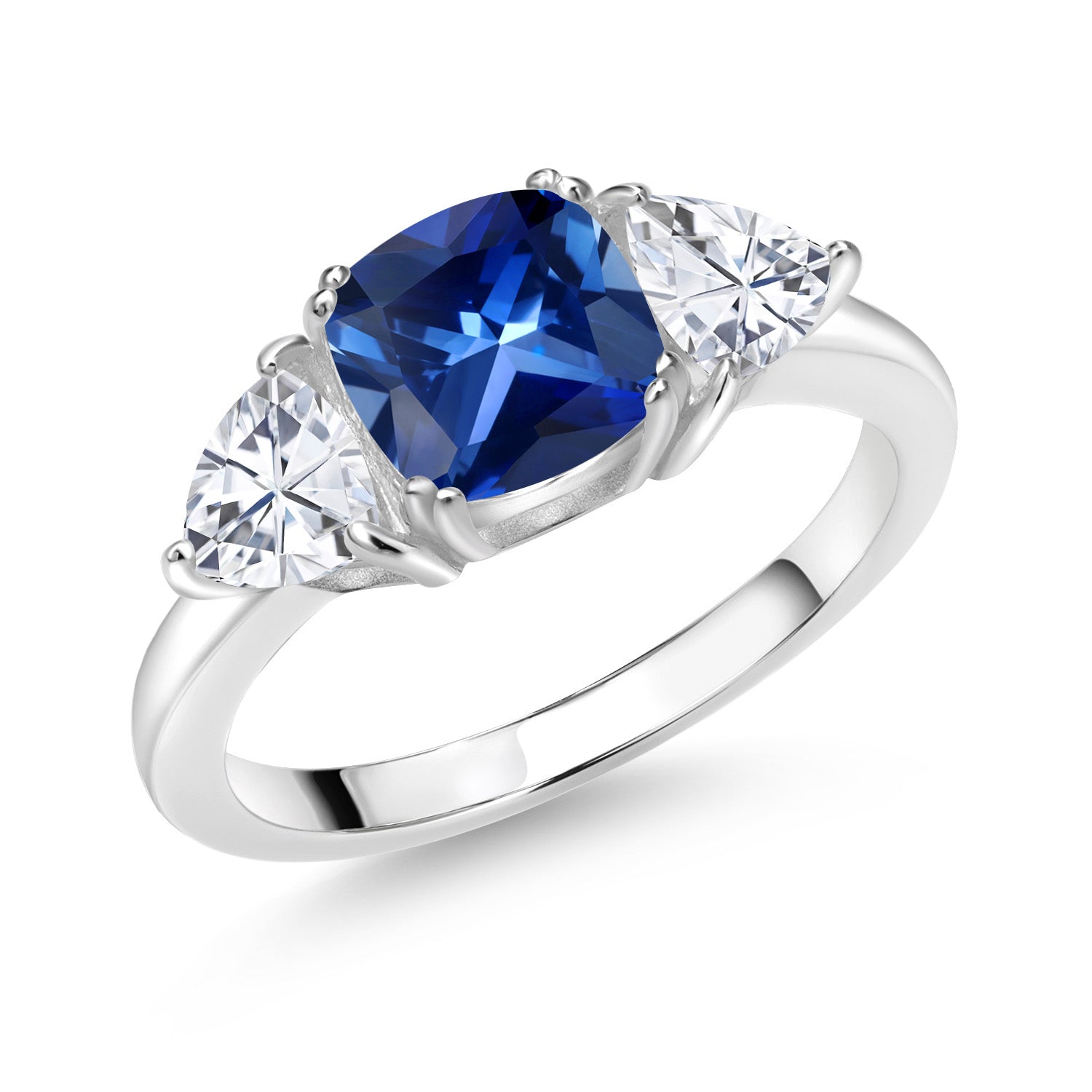 925 Sterling Silver Blue Created Sapphire and White Moissanite 3 Stone Engagement Ring For Women (2.94 Cttw, Gemstone September Birthstone, Available In Size 5, 6, 7, 8, 9)