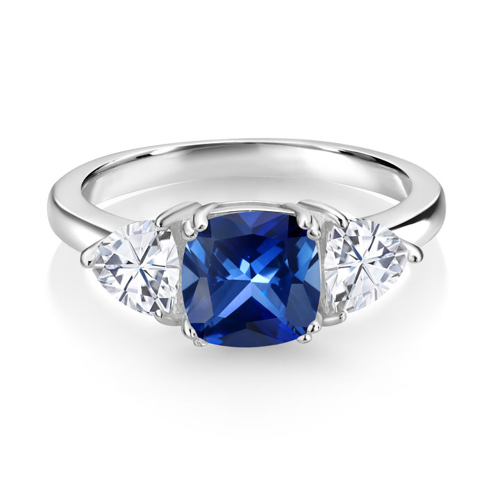 925 Sterling Silver Blue Created Sapphire and White Moissanite 3 Stone Engagement Ring For Women (2.94 Cttw, Gemstone September Birthstone, Available In Size 5, 6, 7, 8, 9)