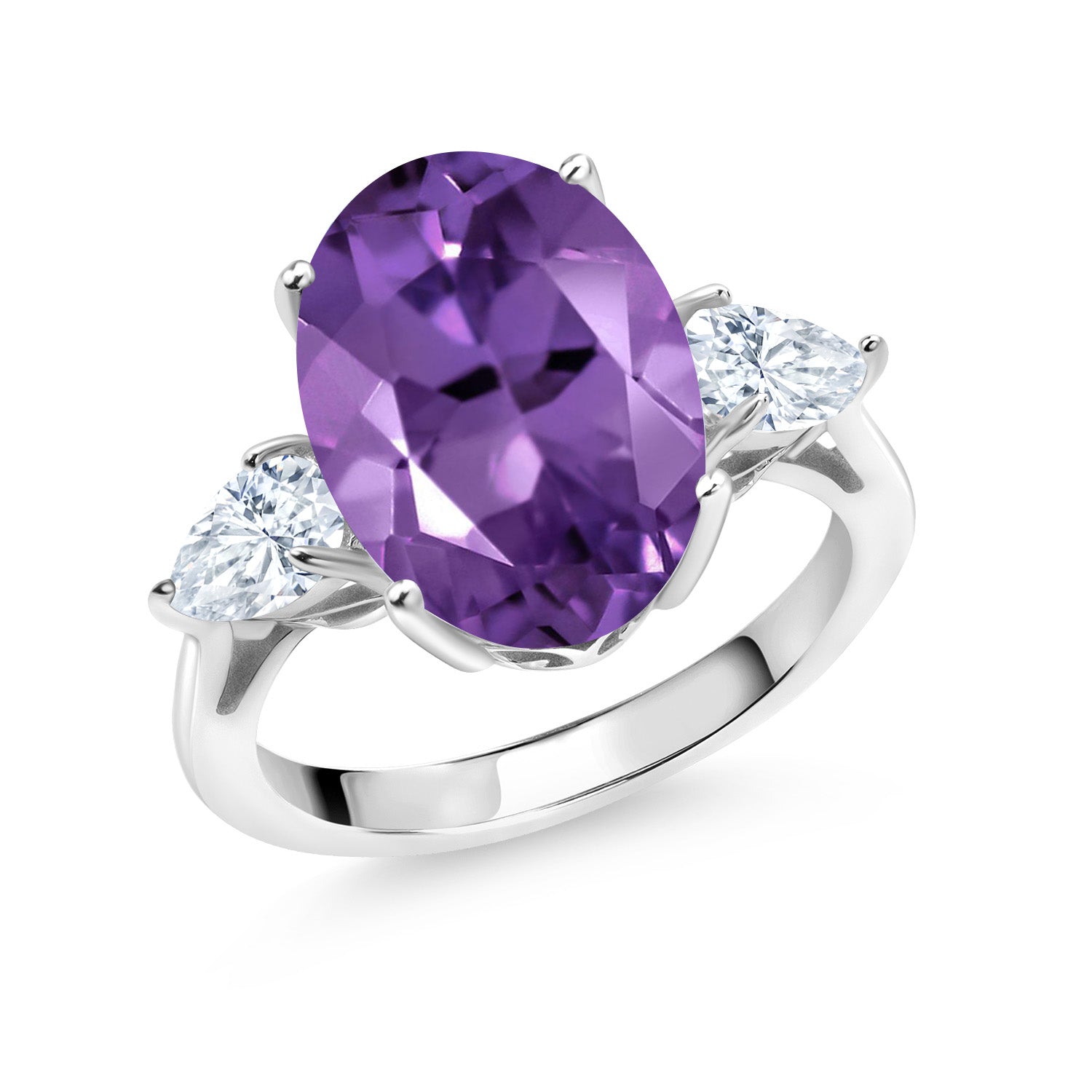 7.80 Cttw 925 Sterling Silver Oval Purple Amethyst and White Moissanite 3-Stone Ring For Women | Gemstone Birthstone | Available In Size 5, 6, 7, 8, 9