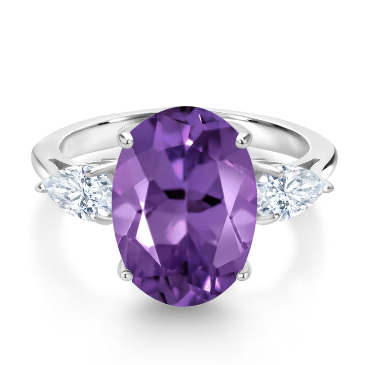 7.80 Cttw 925 Sterling Silver Oval Purple Amethyst and White Moissanite 3-Stone Ring For Women | Gemstone Birthstone | Available In Size 5, 6, 7, 8, 9