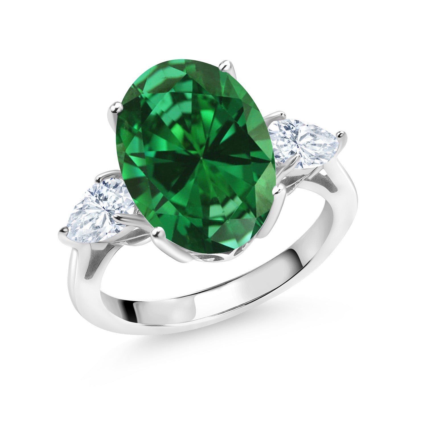 925 Sterling Silver Oval Green Created Emerald and White Moissanite 3-Stone Ring For Women | 4.80 Cttw | Oval 14X10MM | Pear Shape 6X4MM | Available In Size 5, 6, 7, 8, 9