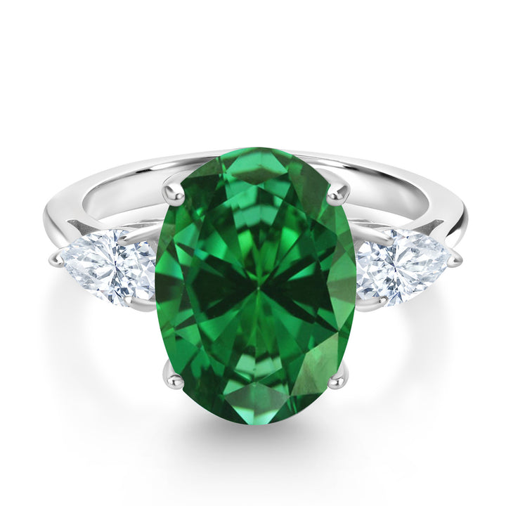 925 Sterling Silver Oval Green Created Emerald and White Moissanite 3-Stone Ring For Women | 4.80 Cttw | Oval 14X10MM | Pear Shape 6X4MM | Available In Size 5, 6, 7, 8, 9