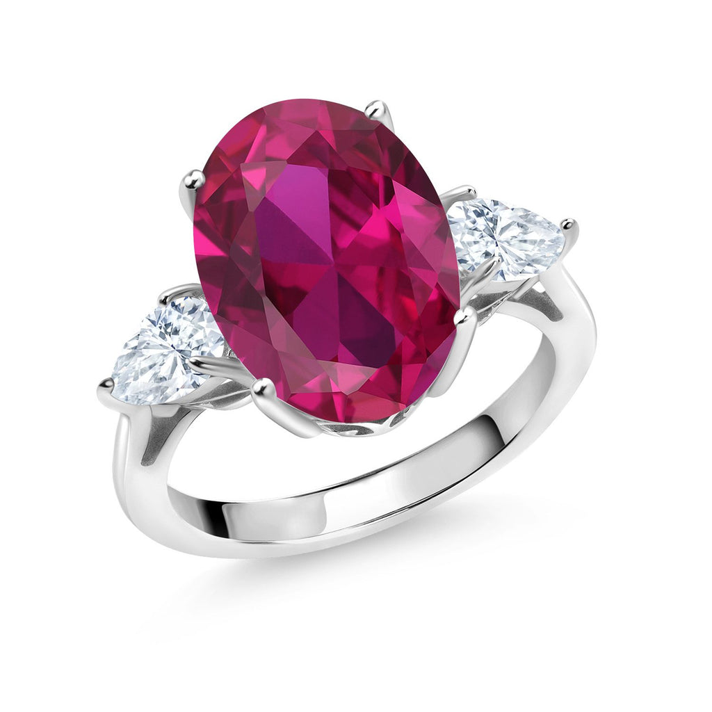Gem Stone King 3-Stone Engagement Ring for Women | Gemstone Birthstone and White Moissanite | 925 Sterling Silver | Oval 14X10MM and Pear Shape 6X4MM | Three-Stone Anniversary Wedding Promise Ring | Size 5-9