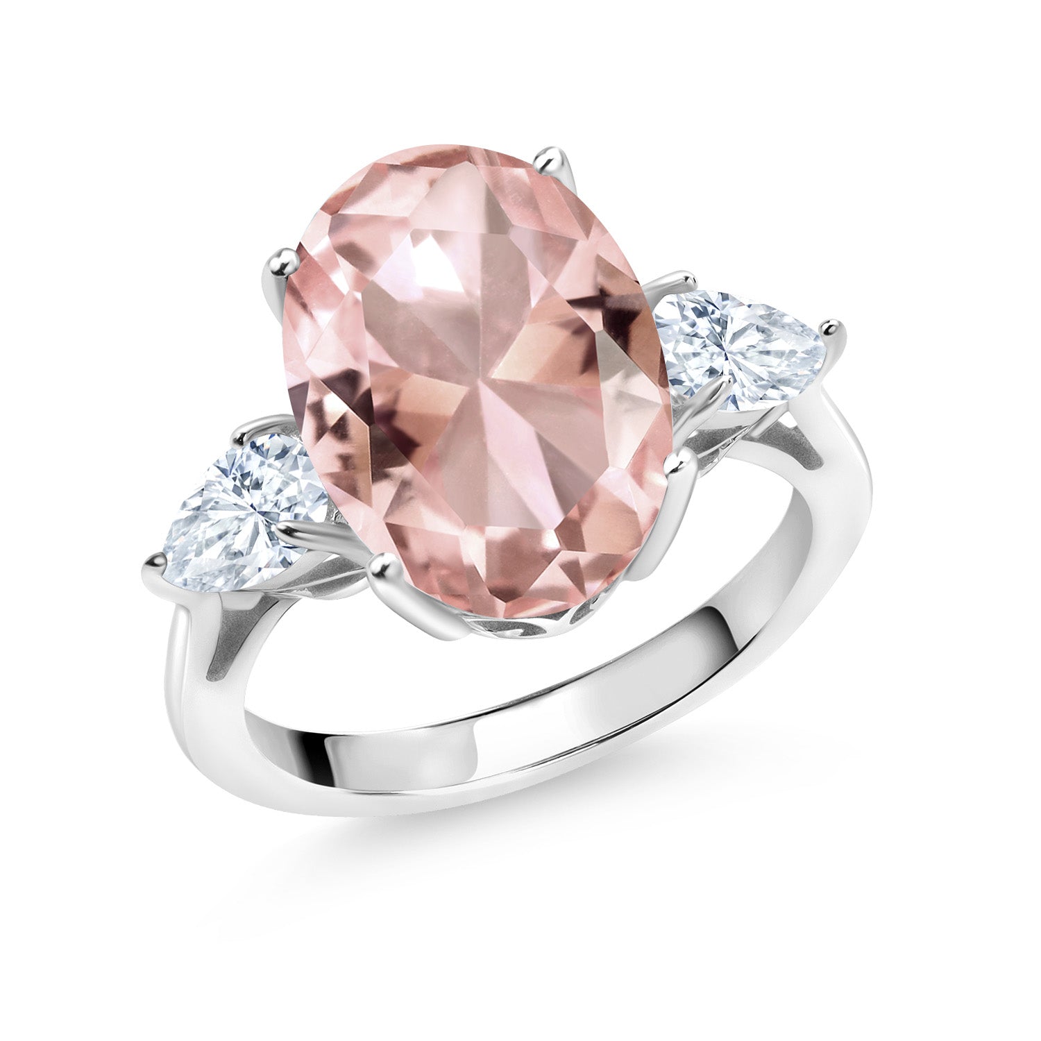 925 Sterling Silver Oval Peach Nano Morganite and White Moissanite 3 Stone Ring For Women (10.00 Cttw, Available In Size 5, 6, 7, 8, 9)