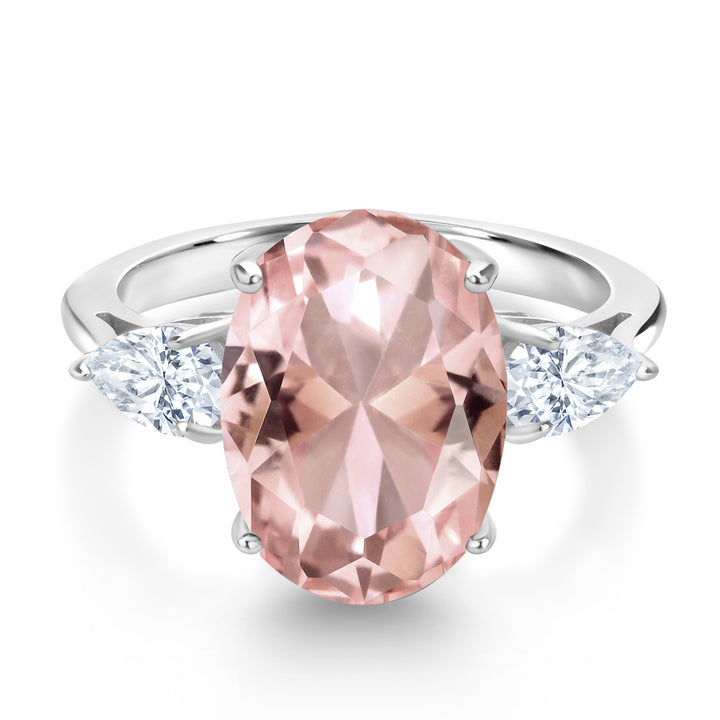 925 Sterling Silver Oval Peach Nano Morganite and White Moissanite 3 Stone Ring For Women (10.00 Cttw, Available In Size 5, 6, 7, 8, 9)