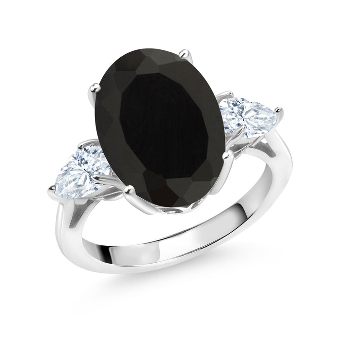 925 Sterling Silver Oval Onyx and White Moissanite 3 Stone Ring For Women (5.80 Cttw, Gemstone Birthstone, Available In Size 5, 6, 7, 8, 9)