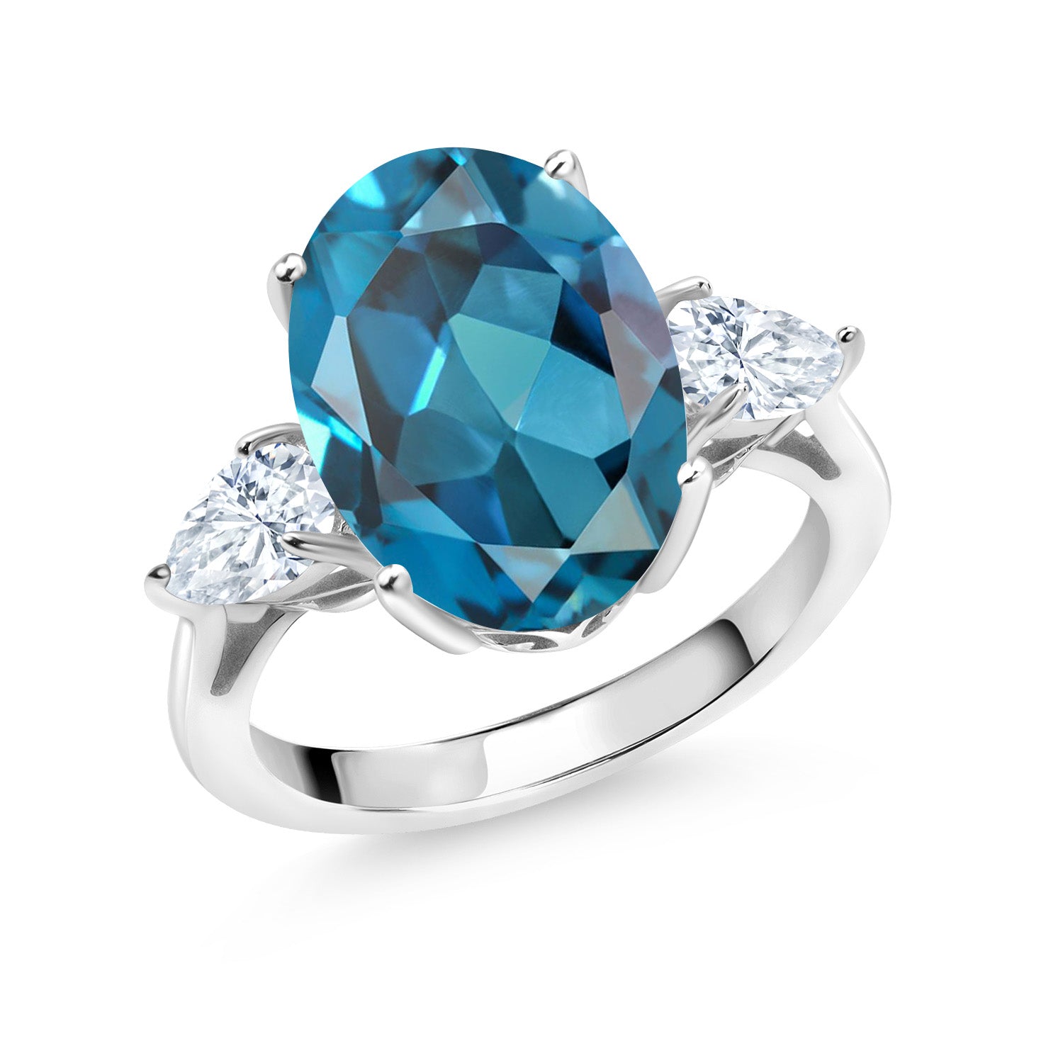 925 Sterling Silver Oval London Blue Topaz and White Moissanite 3 Stone Ring For Women (7.30 Cttw, Gemstone Birthstone, Available In Size 5, 6, 7, 8, 9)