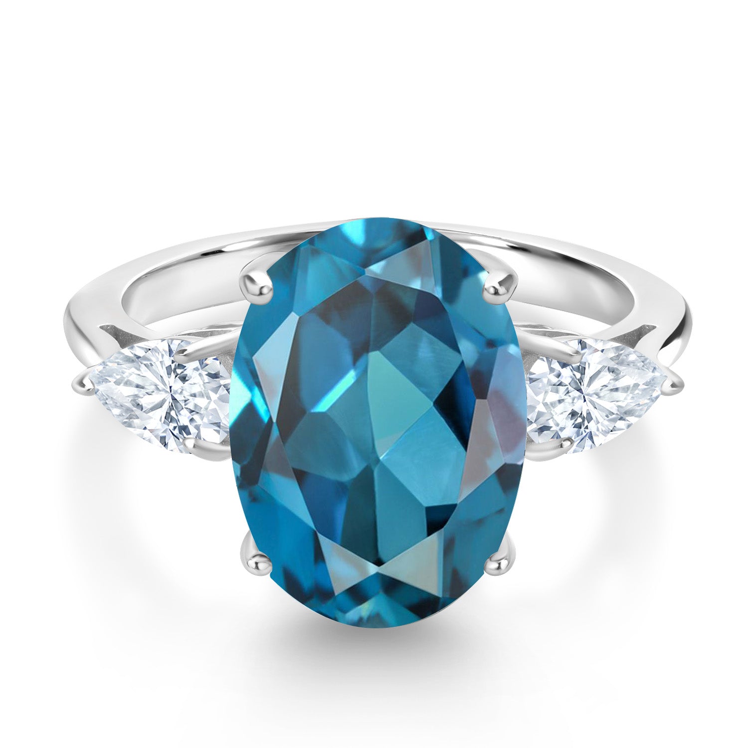 925 Sterling Silver Oval London Blue Topaz and White Moissanite 3 Stone Ring For Women (7.30 Cttw, Gemstone Birthstone, Available In Size 5, 6, 7, 8, 9)