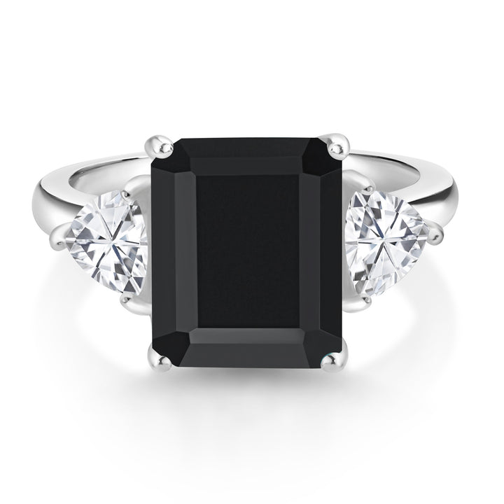 7.30 Cttw Black Onyx 3-Stone Ring For Women In 925 Sterling Silver | Emerald Cut 12X10MM | Trillion 5X5MM | Gemstone December Birthstone | Available in Size 5,6,7,8,9