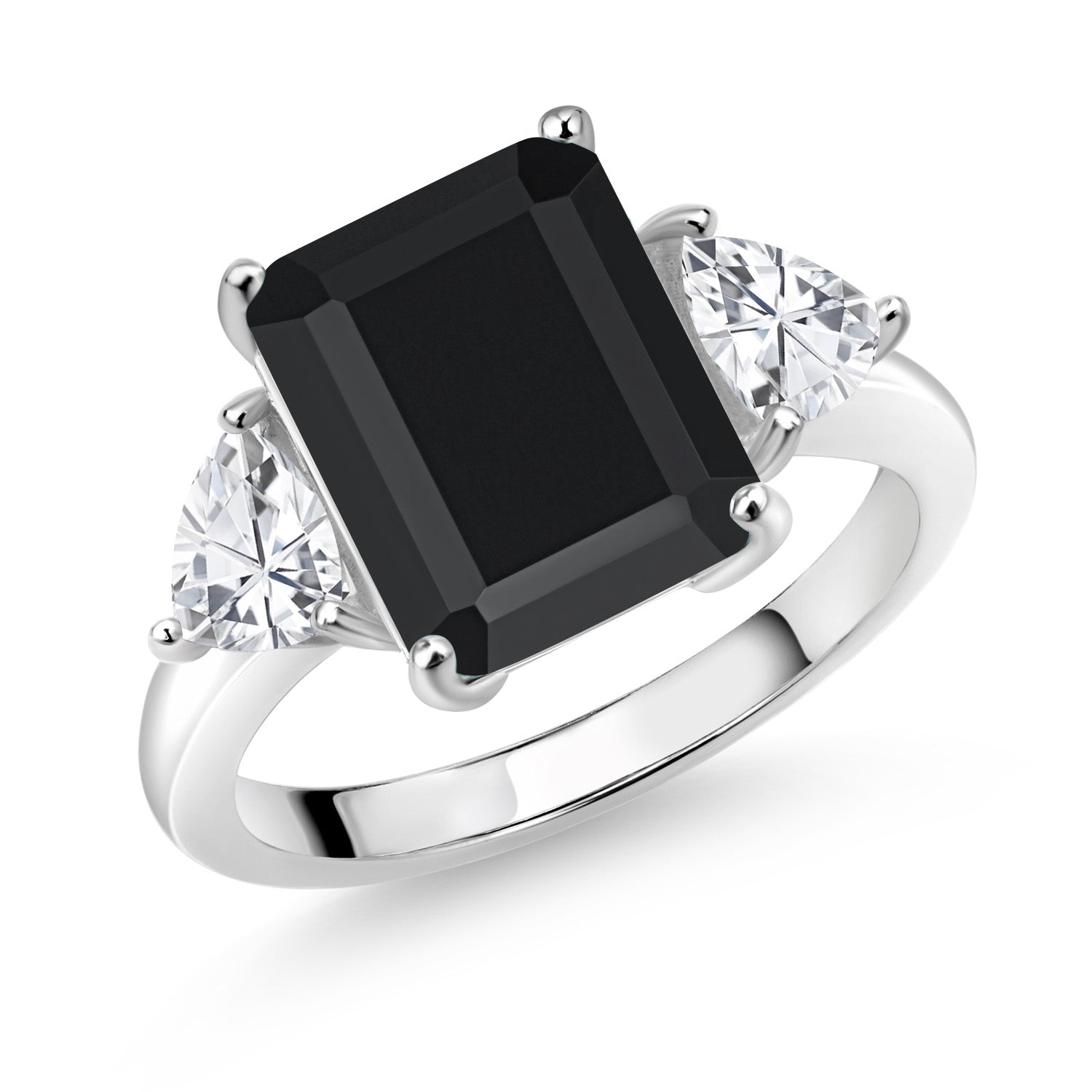 7.30 Cttw Black Onyx 3-Stone Ring For Women In 925 Sterling Silver | Emerald Cut 12X10MM | Trillion 5X5MM | Gemstone December Birthstone | Available in Size 5,6,7,8,9