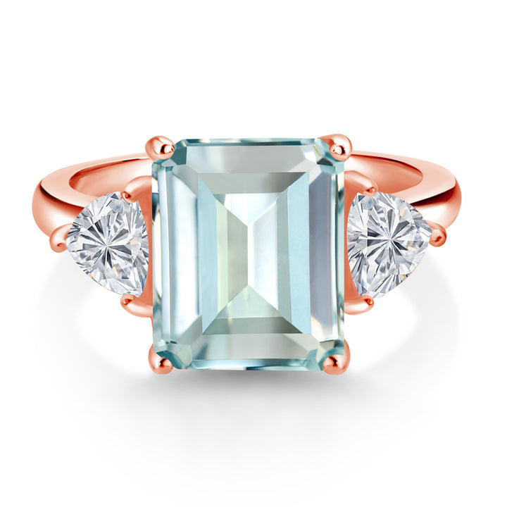 Simulated Aquamarine and Lab Grown Diamond_5_Ring in 925 Rose Gold Plated Silver