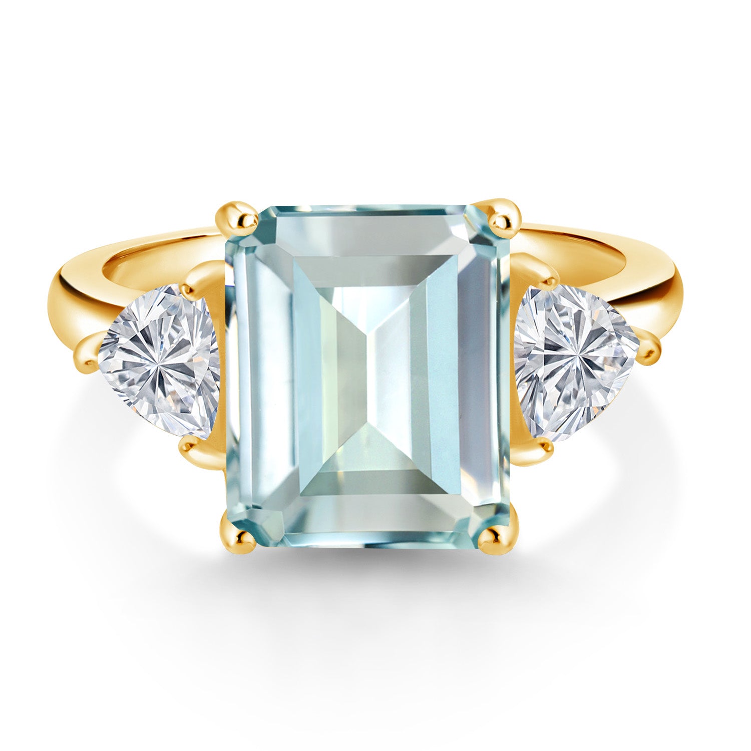 Simulated Aquamarine and Lab Grown Diamond_5_Ring in 925 Yellow Gold Plated Silver
