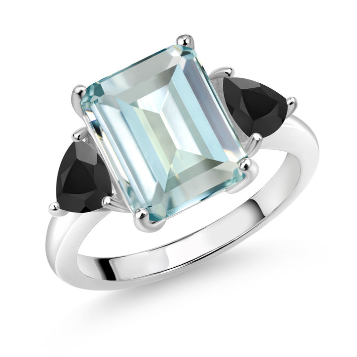Simulated Aquamarine and Onyx_5_Ring in 925 Sterling Silver