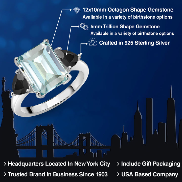 Simulated Aquamarine and Onyx_5_Ring in 925 Sterling Silver