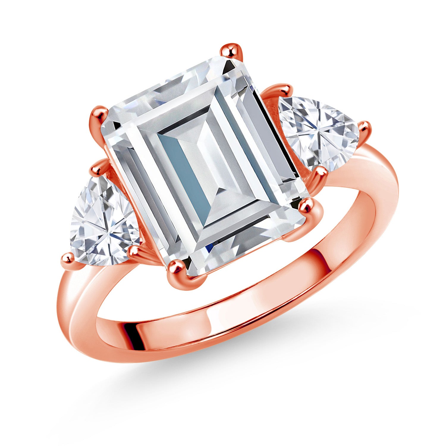 Moissanite_5_Gemstone Birthstone and White Moissanite 3-Stone Ring For Women In 18K Rose Gold Plated Silver | Emerald Cut 12X10MM | Trillion 5X5MM | Wedding Anniversary Promise Ring | Sizes 5, 6, 7, 8, 9