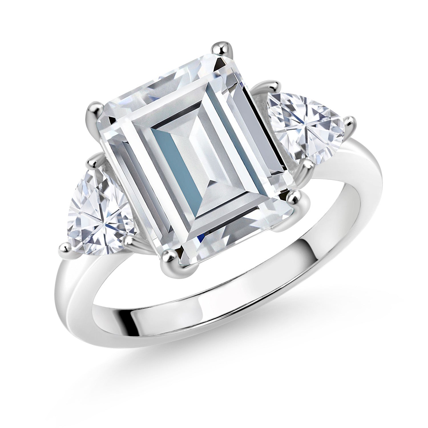 Moissanite_5_6-8 Cttw 3-Stone Ring For Women | 925 Sterling Silver | Gemstone Birthstone and White Moissanite | Emerald Cut 12X10MM | Trillion 5X5MM | Wedding Anniversary Promise Ring