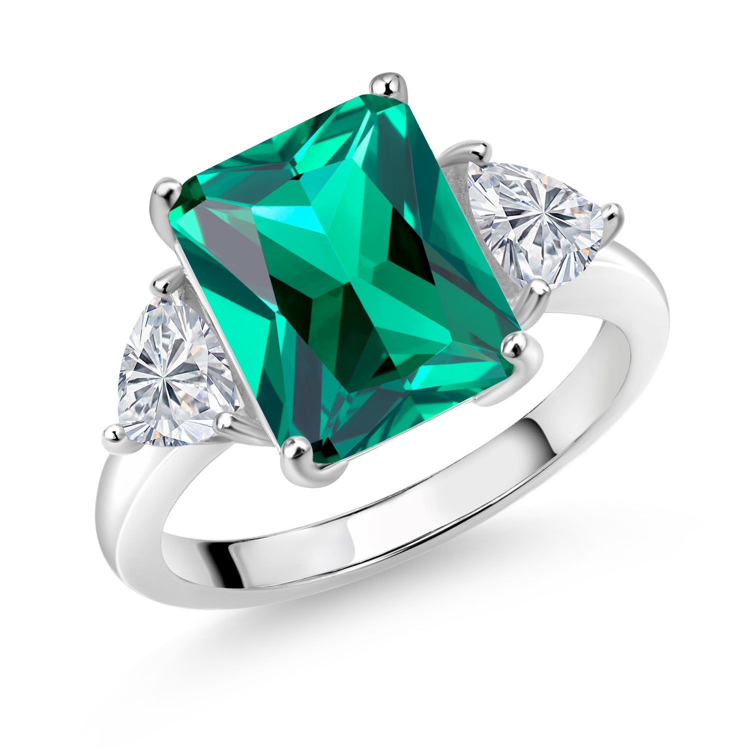 925 Sterling Silver Green Nano Emerald and Lab Grown Diamond Engagement Ring For Women | 6.22 Cttw | Emerald Cut 12X10MM | Gemstone May Birthstone | Available in Size 5,6,7,8,9