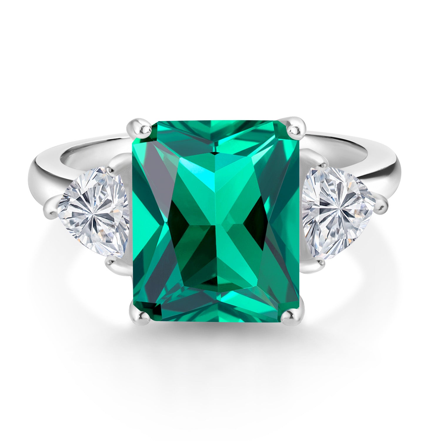 925 Sterling Silver Green Nano Emerald and Lab Grown Diamond Engagement Ring For Women | 6.22 Cttw | Emerald Cut 12X10MM | Gemstone May Birthstone | Available in Size 5,6,7,8,9