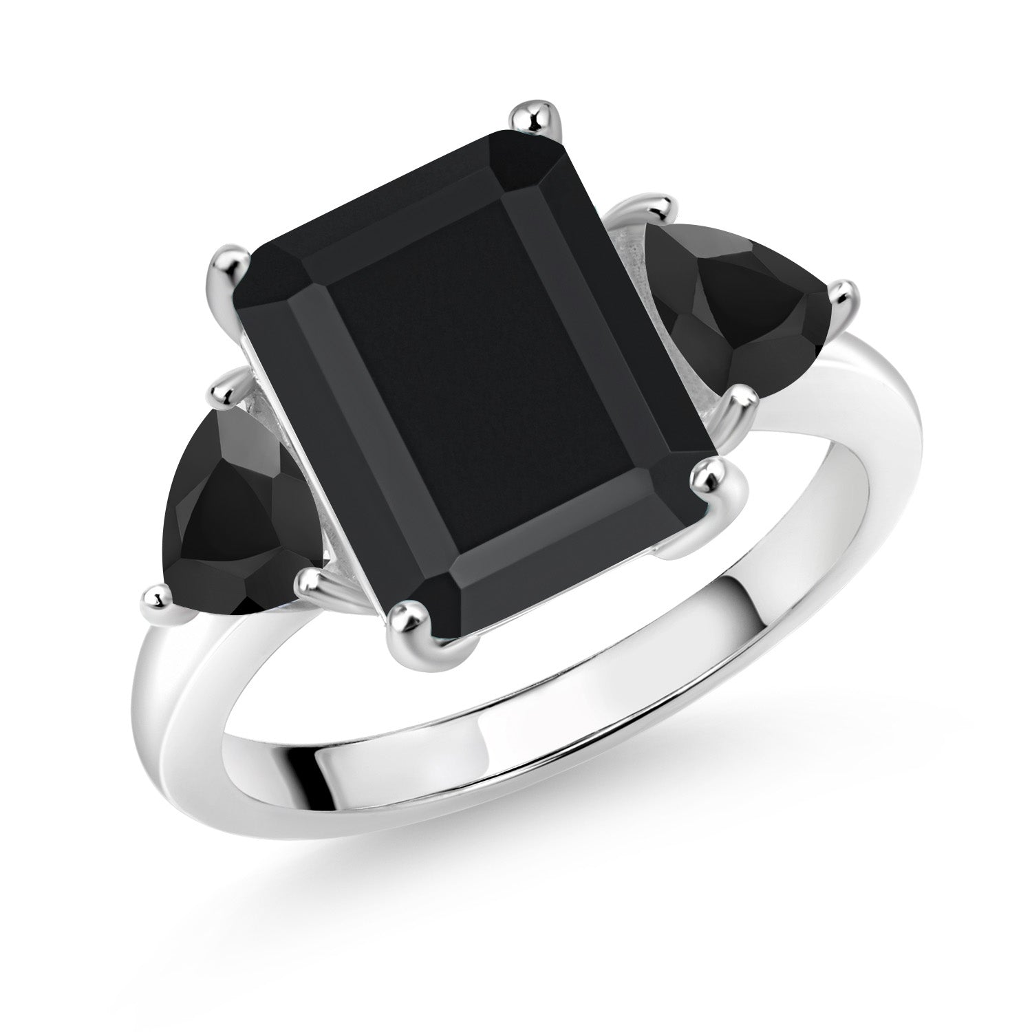 925 Sterling Silver Black Onyx 3 Stone Ring For Women (6.49 Cttw, Octagon 12X10MM, Trillion 5X5MM, Gemstone December Birthstone, Available in Size 5,6,7,8,9)