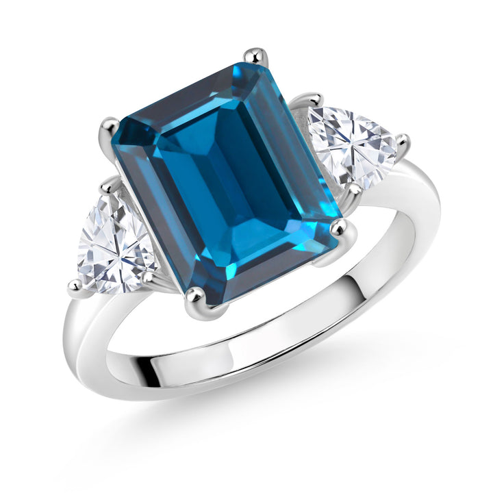 London Blue Topaz - November_5_6-8 Cttw 3-Stone Ring For Women | 925 Sterling Silver | Gemstone Birthstone and White Moissanite | Emerald Cut 12X10MM | Trillion 5X5MM | Wedding Anniversary Promise Ring