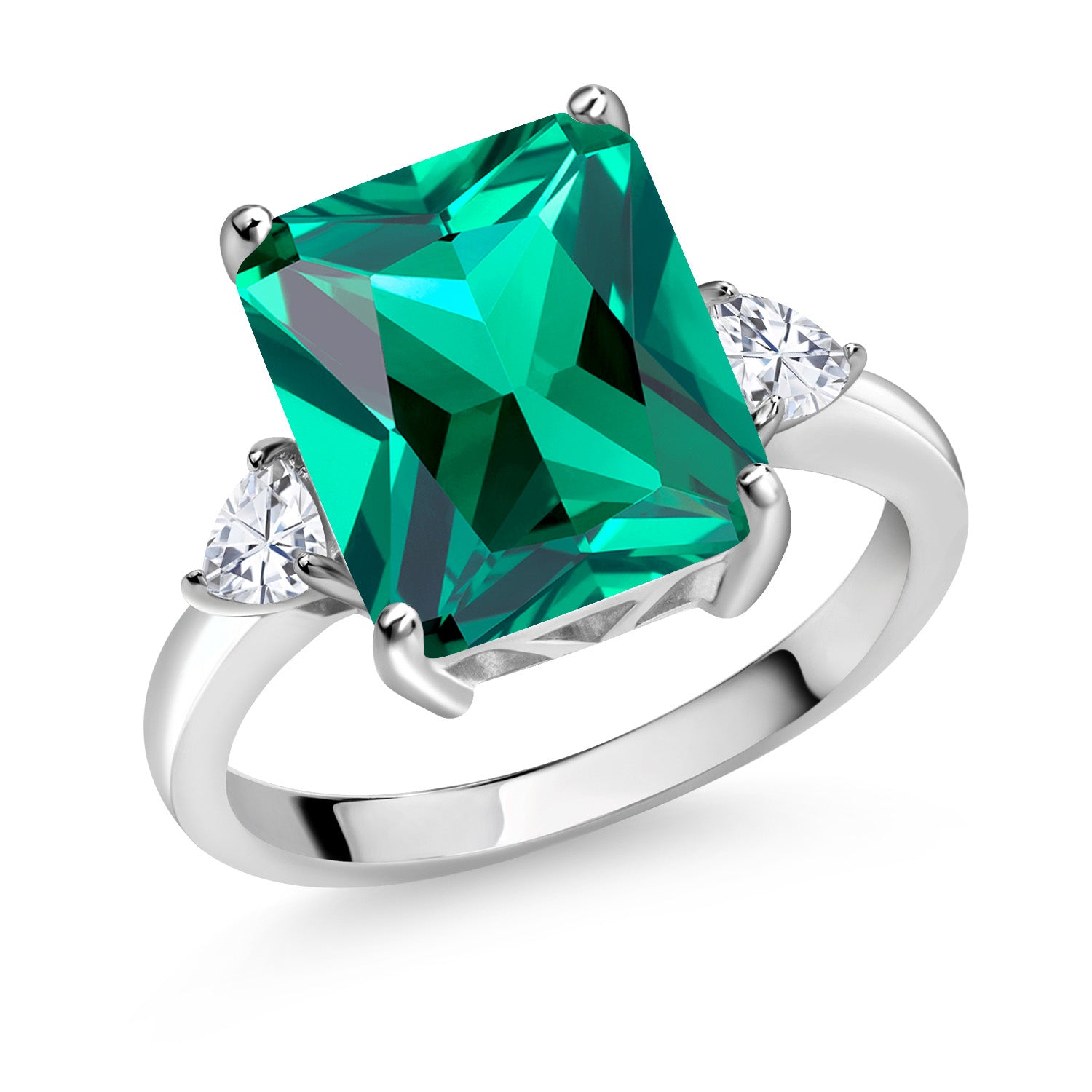 925 Sterling Silver Emerald Cut Green Nano Emerald and White Moissanite 3 Stone Ring For Women (5.80 Cttw, Available In Size 5, 6, 7, 8, 9)