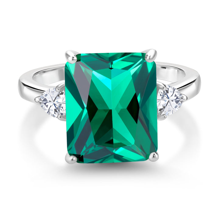 925 Sterling Silver Emerald Cut Green Nano Emerald and White Moissanite 3 Stone Ring For Women (5.80 Cttw, Available In Size 5, 6, 7, 8, 9)