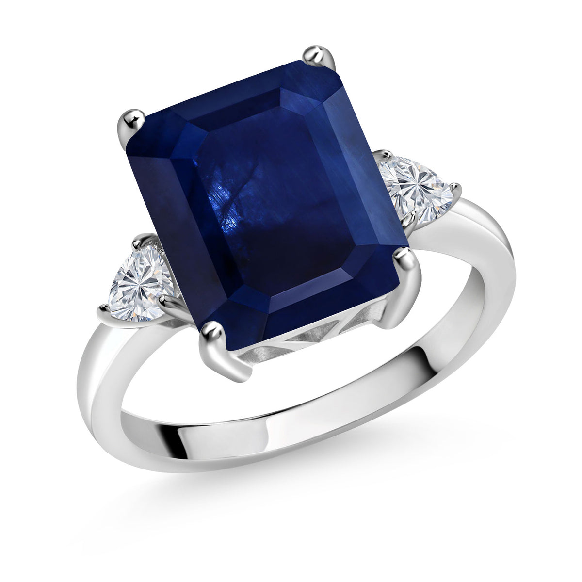 925 Sterling Silver Blue Sapphire and Lab Grown Diamond 3-Stone Engagement  Ring For Women Cttw Octagon 12X10MM Gemstone September
