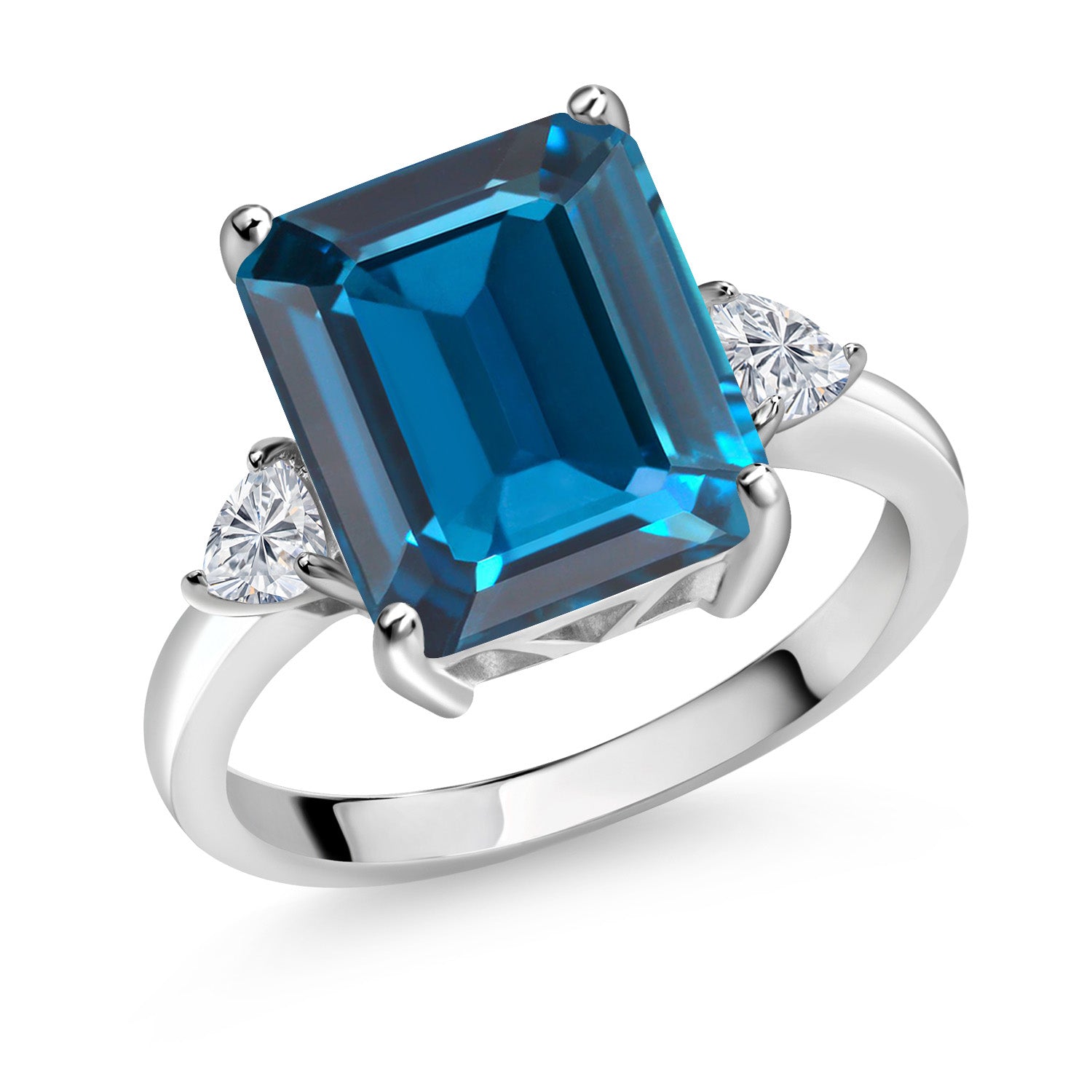 925 Sterling Silver London Blue Topaz and Lab Grown Diamond 3-Stone Engagement Ring For Women | 7.78 Cttw | Emerald Cut 12X10MM | Gemstone November Birthstone | Available in Size 5,6,7,8,9