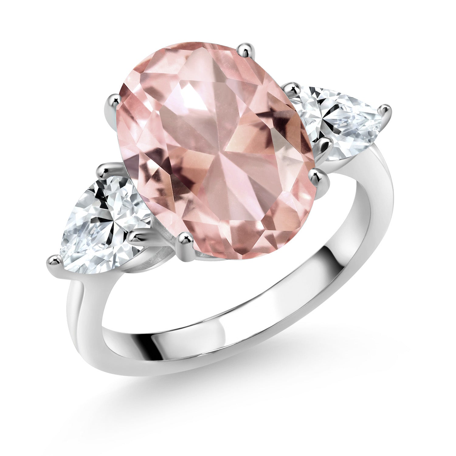 925 Sterling Silver Peach Nano Morganite and White Created Sapphire Ring For Women (11.20 Cttw, 14X10MM Oval and 7X5MM Pear Shape, Available In Size 5, 6, 7, 8, 9)