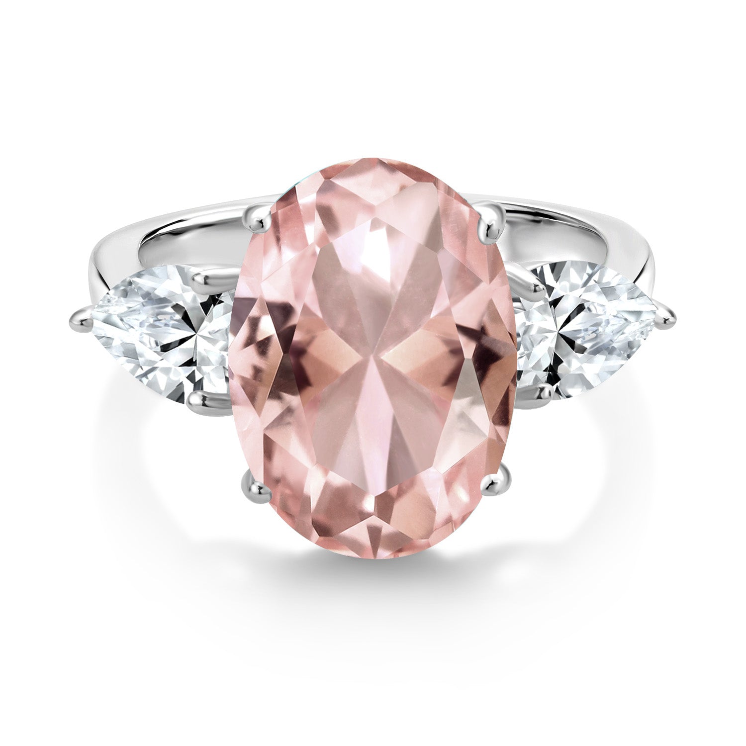 925 Sterling Silver Peach Nano Morganite and White Created Sapphire Ring For Women (11.20 Cttw, 14X10MM Oval and 7X5MM Pear Shape, Available In Size 5, 6, 7, 8, 9)