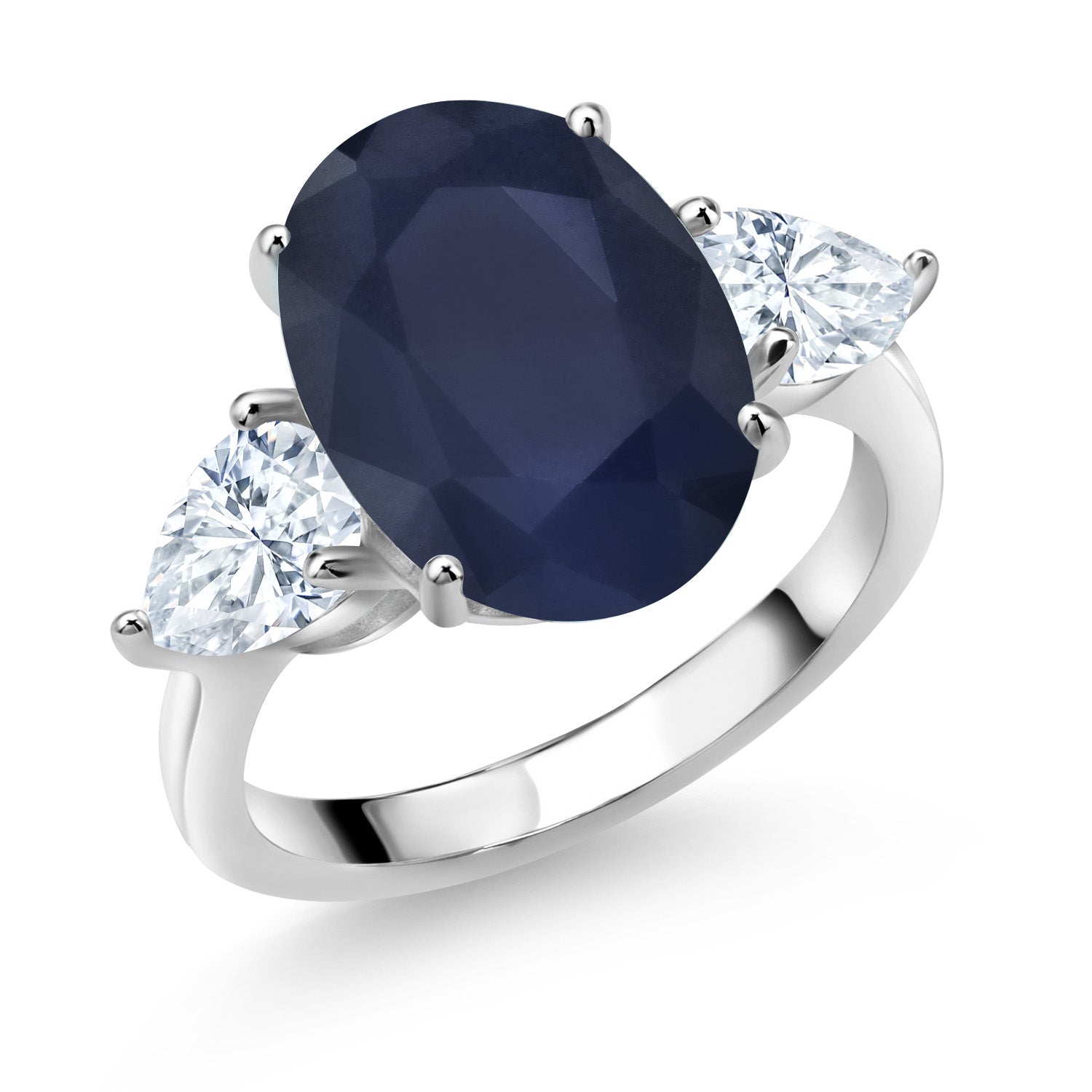 925 Sterling Silver Blue Sapphire & White Moissanite Ring For Women | 7.91 Cttw | 14X10MM Oval & 7X5MM Pear Shape | Available In Size 5, 6, 7, 8, 9