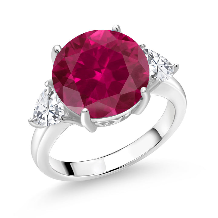 925 Sterling Silver Red Created Ruby 3-Stone Ring For Women (8.54 Cttw, Round 12MM, Trillion 5MM, Available In Size 5, 6, 7, 8, 9)