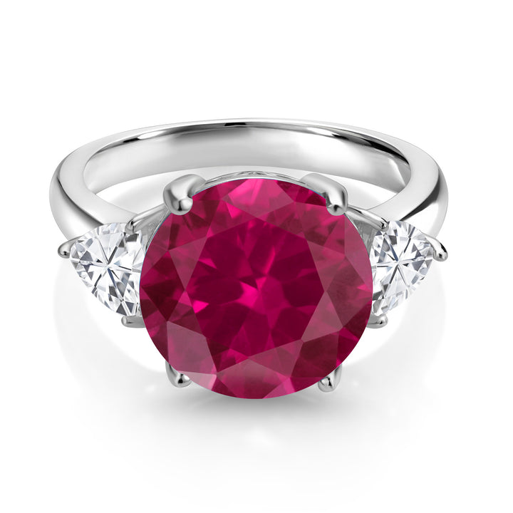 925 Sterling Silver Red Created Ruby 3-Stone Ring For Women (8.54 Cttw, Round 12MM, Trillion 5MM, Available In Size 5, 6, 7, 8, 9)