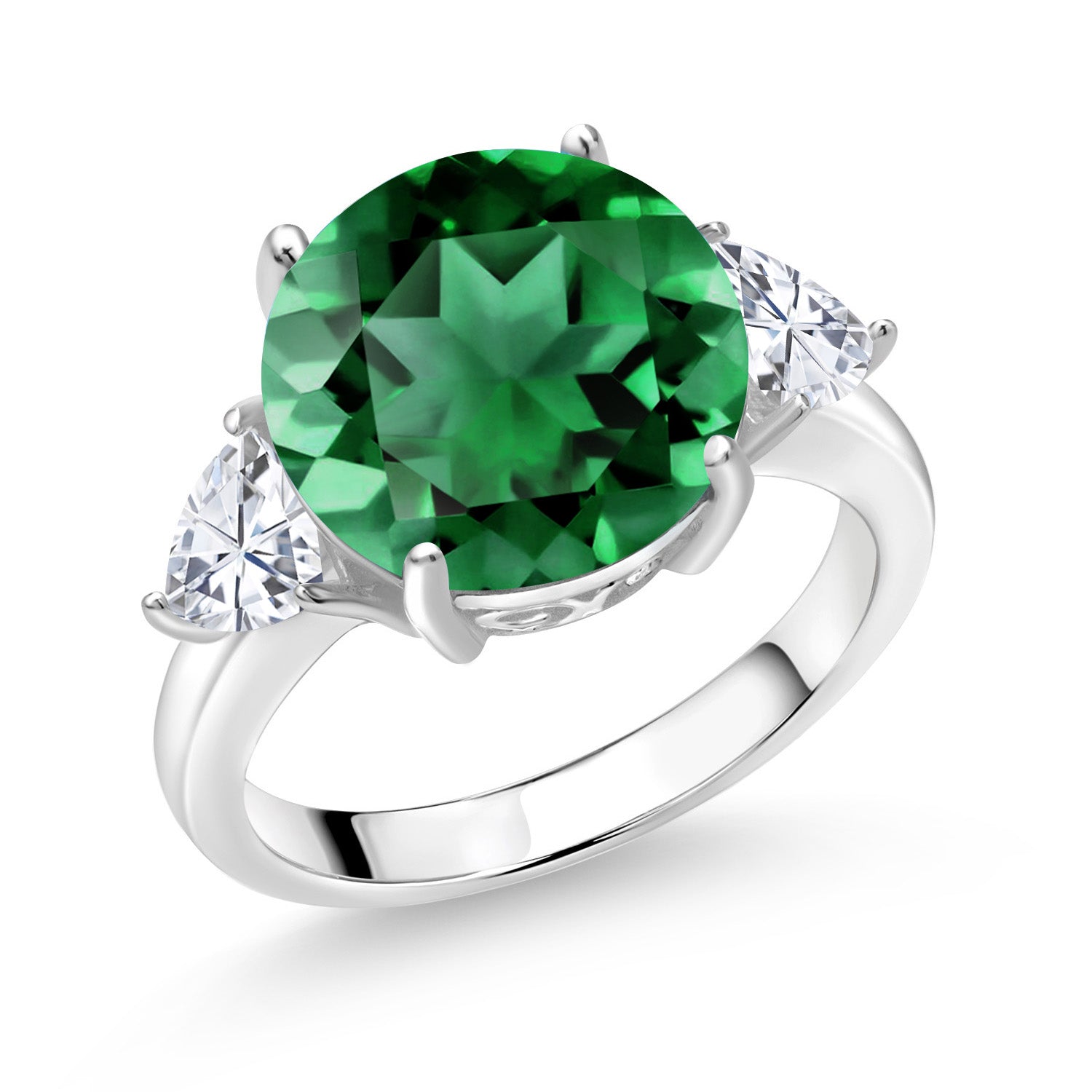 5.94 Cttw Green Nano Emerald and White Moissanite 3-Stone Ring For Women In 925 Sterling Silver | Round 12MM | Trillion 5MM | Available In Size 5, 6, 7, 8, 9