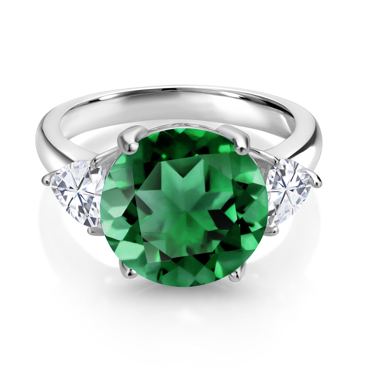 5.94 Cttw Green Nano Emerald and White Moissanite 3-Stone Ring For Women In 925 Sterling Silver | Round 12MM | Trillion 5MM | Available In Size 5, 6, 7, 8, 9