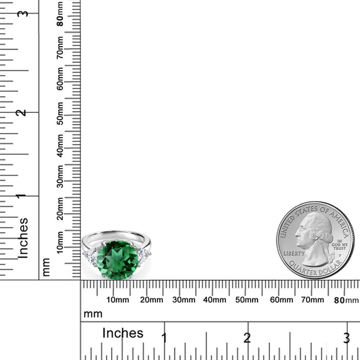 5.94 Cttw Green Nano Emerald and White Moissanite 3-Stone Ring For Women In 925 Sterling Silver | Round 12MM | Trillion 5MM | Available In Size 5, 6, 7, 8, 9