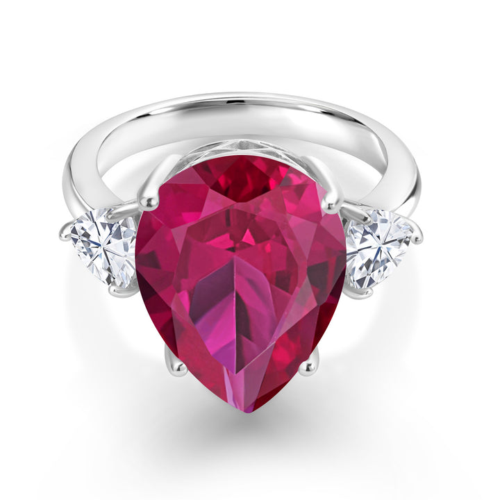 10.56 Cttw Red Created Ruby and White Moissanite Ring For Women In 925 Sterling Silver | Pear Shape 16X12MM | Available in Size 5,6,7,8,9