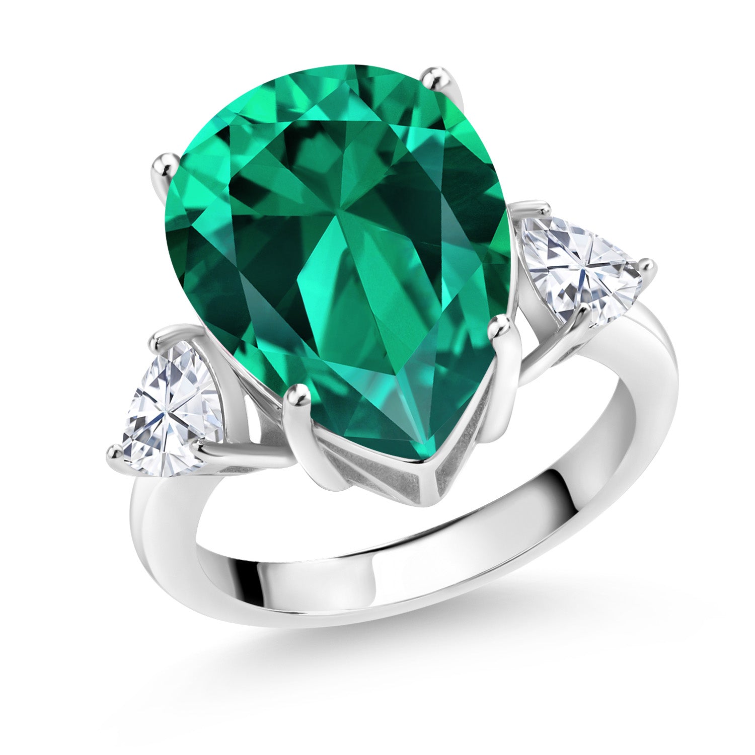 9.19 Cttw Green Nano Emerald and White Moissanite 3-Stone Ring For Women In 925 Sterling Silver | Pear Shape 16X12MM | Trillion 5MM | Available In Size 5, 6, 7, 8, 9